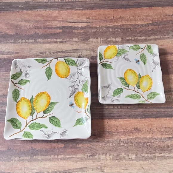 Maxcera Sketch Lemon Shabby Chic Dinner Desert Appetizer Square Plates Set of 4 - Picture 4 of 15